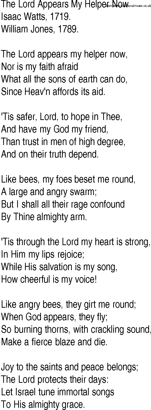 Hymn and Gospel Song: The Lord Appears My Helper Now by Isaac Watts lyrics