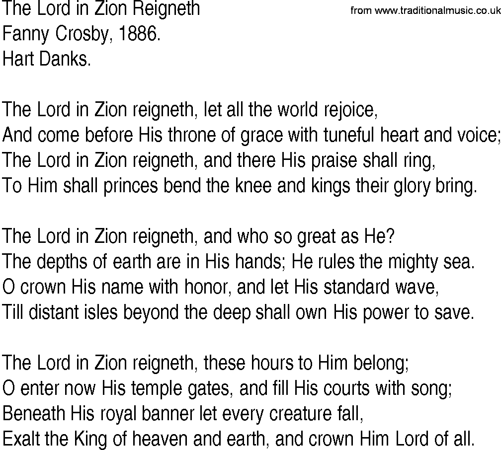 Hymn and Gospel Song: The Lord in Zion Reigneth by Fanny Crosby lyrics