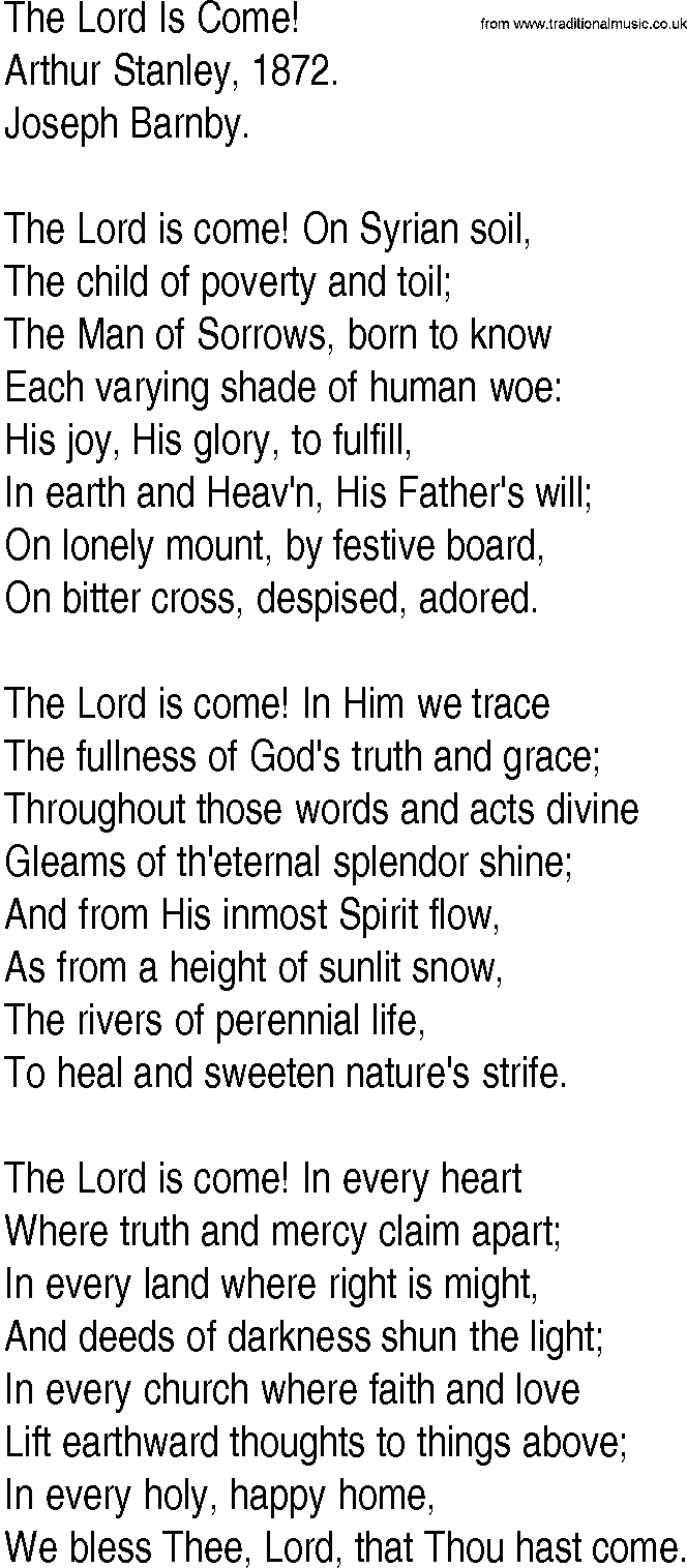 Hymn and Gospel Song: The Lord Is Come! by Arthur Stanley lyrics