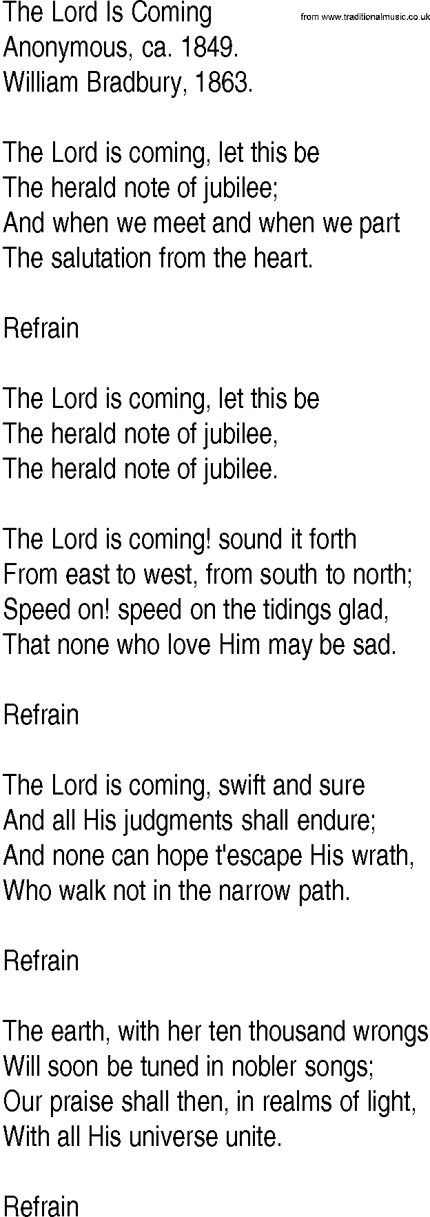 Hymn and Gospel Song: The Lord Is Coming by Anonymous ca lyrics