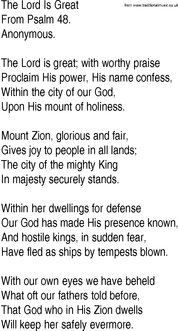 Hymn and Gospel Song: The Lord Is Great by From Psalm lyrics