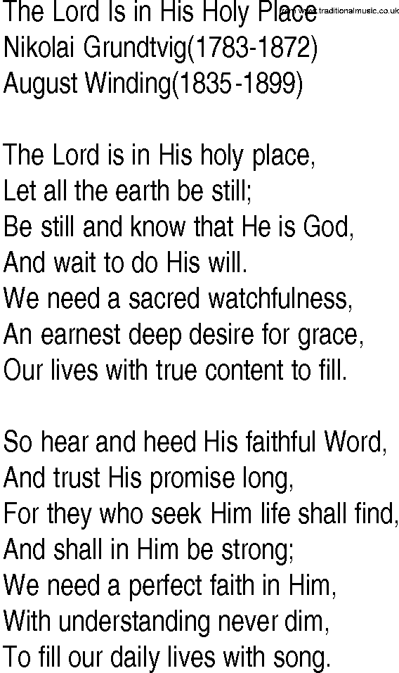 Hymn and Gospel Song: The Lord Is in His Holy Place by Nikolai Grundtvig lyrics