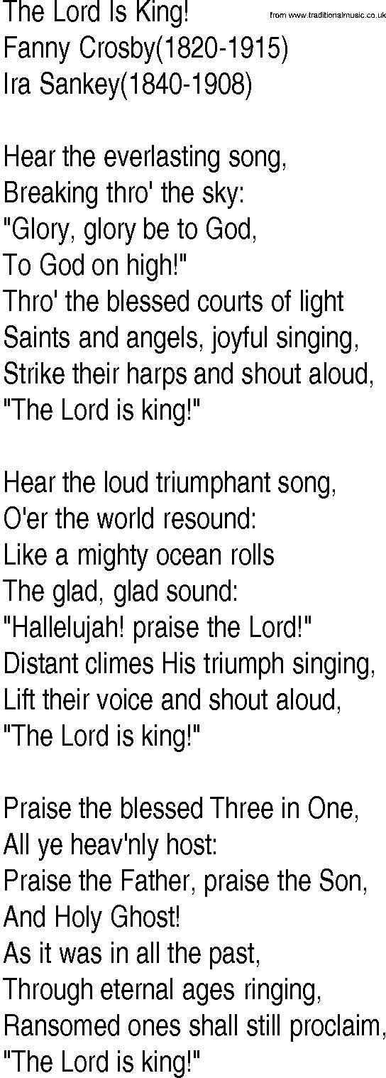 Hymn and Gospel Song: The Lord Is King! by Fanny Crosby lyrics