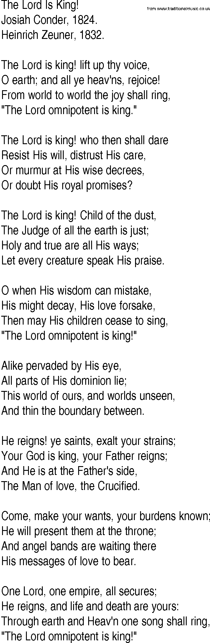 Hymn and Gospel Song: The Lord Is King! by Josiah Conder lyrics