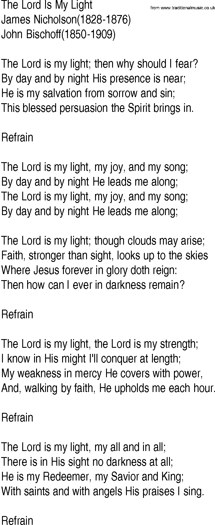 Hymn and Gospel Song: The Lord Is My Light by James Nicholson lyrics
