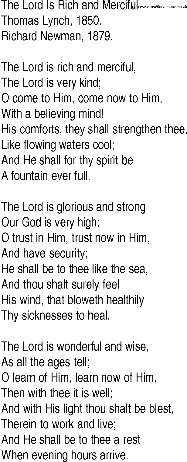 Hymn and Gospel Song: The Lord Is Rich and Merciful by Thomas Lynch lyrics