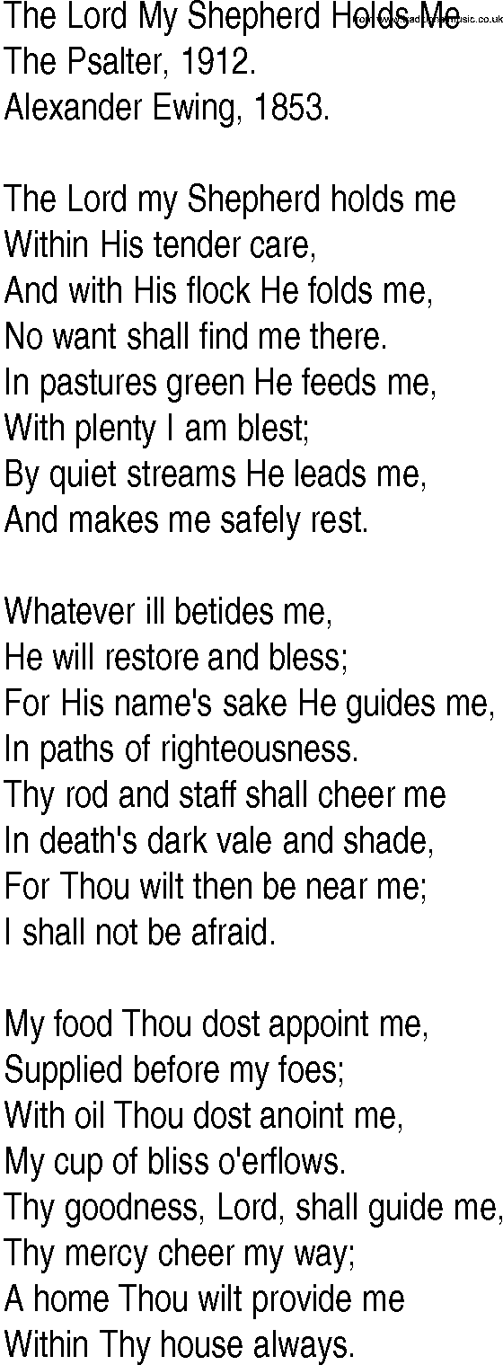Hymn and Gospel Song: The Lord My Shepherd Holds Me by The Psalter lyrics