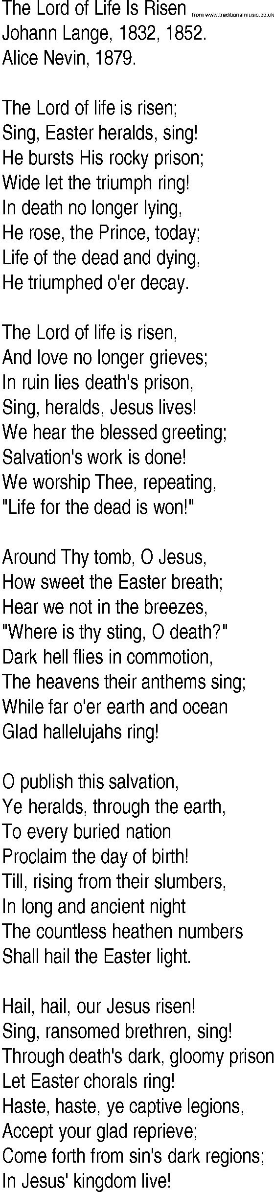Hymn and Gospel Song: The Lord of Life Is Risen by Johann Lange lyrics