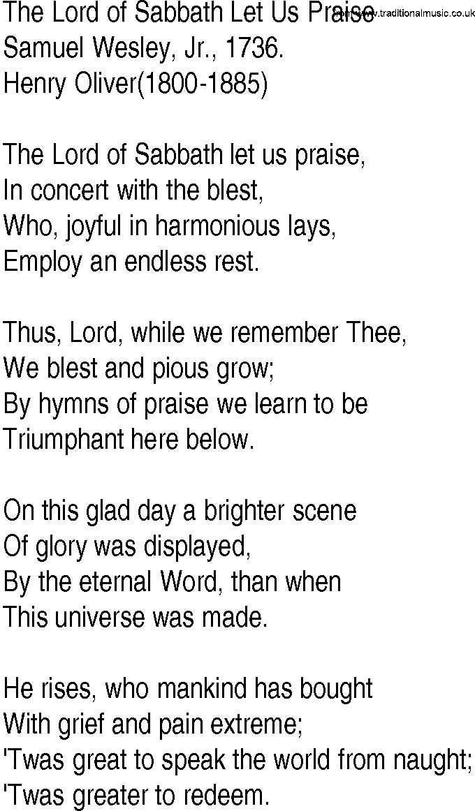 Hymn and Gospel Song: The Lord of Sabbath Let Us Praise by Samuel Wesley Jr lyrics