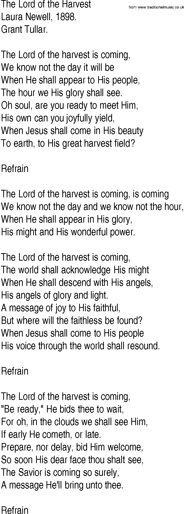 Hymn and Gospel Song: The Lord of the Harvest by Laura Newell lyrics