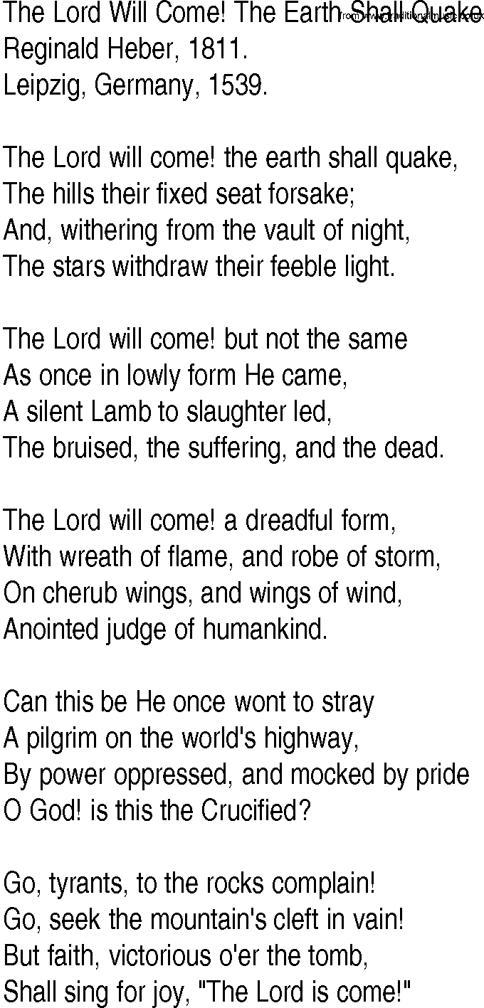 Hymn and Gospel Song: The Lord Will Come! The Earth Shall Quake by Reginald Heber lyrics