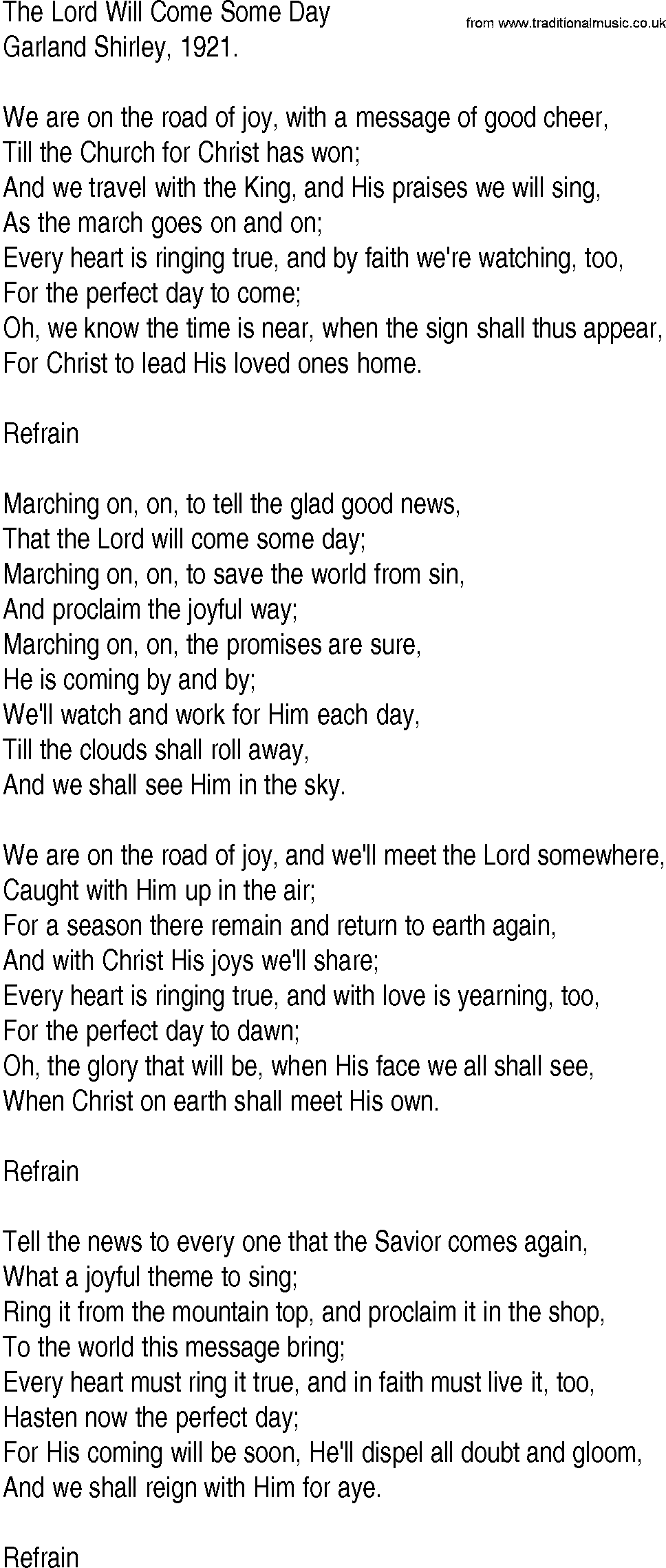 Hymn and Gospel Song: The Lord Will Come Some Day by Garland Shirley lyrics