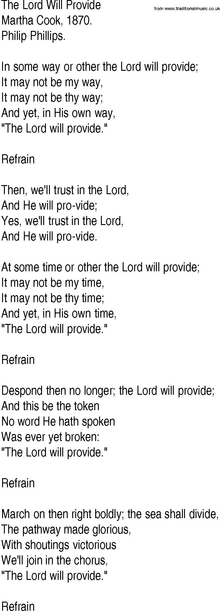 Hymn and Gospel Song: The Lord Will Provide by Martha Cook lyrics