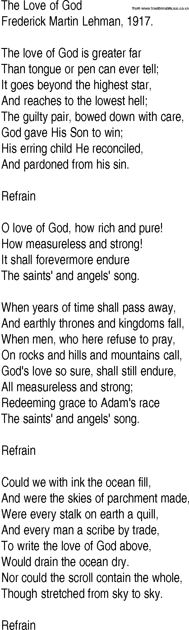 Hymn and Gospel Song: The Love of God by Frederick Martin Lehman lyrics