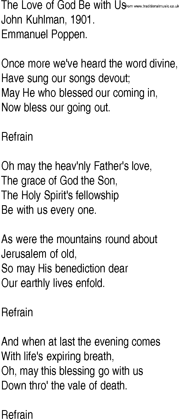 Hymn and Gospel Song: The Love of God Be with Us by John Kuhlman lyrics