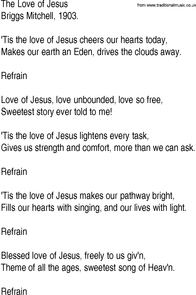 Hymn and Gospel Song: The Love of Jesus by Briggs Mitchell lyrics