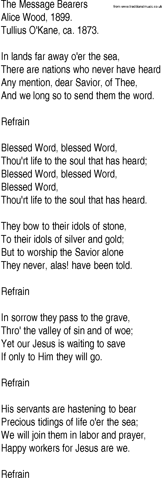 Hymn and Gospel Song: The Message Bearers by Alice Wood lyrics