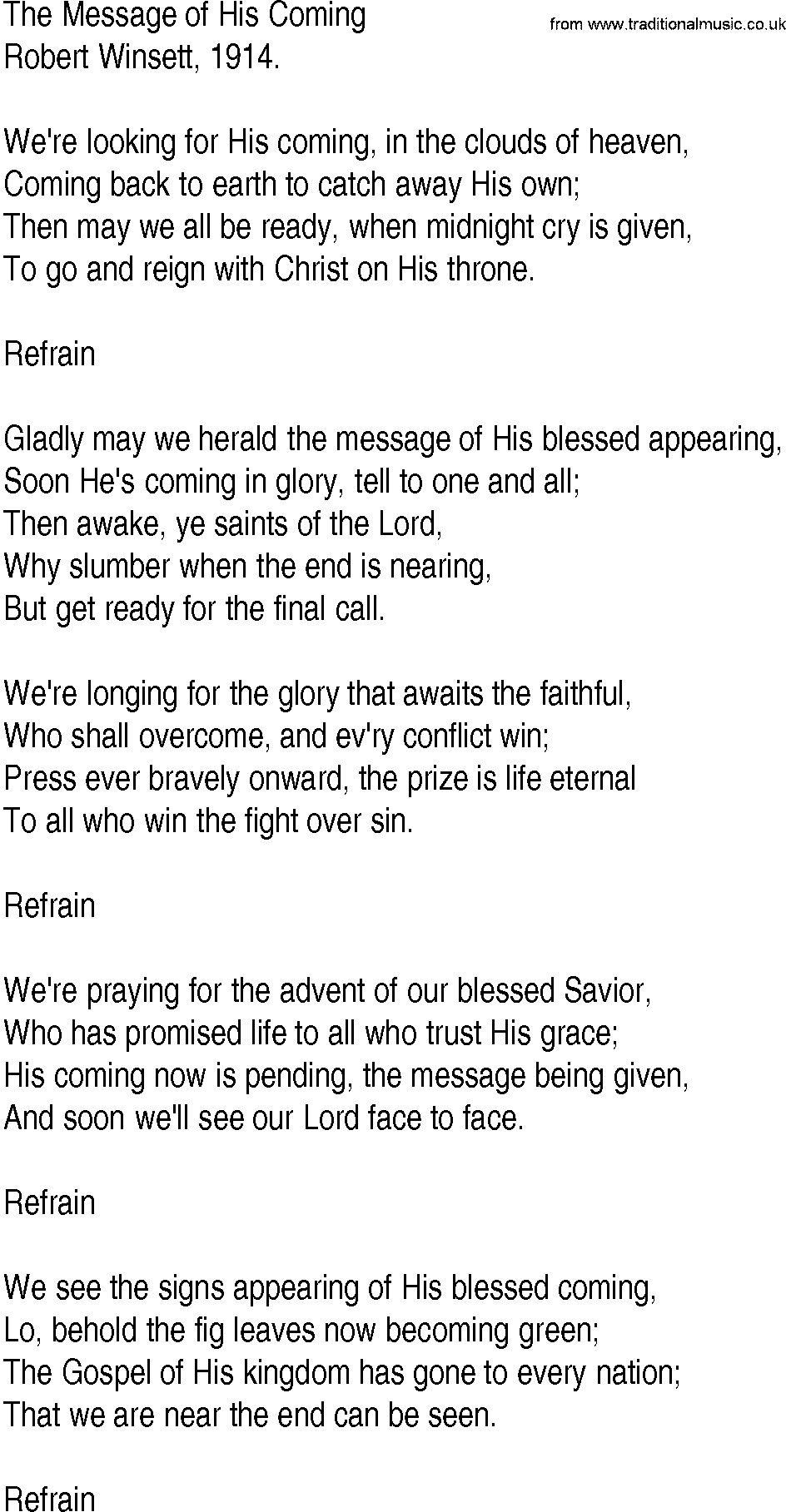 Hymn and Gospel Song: The Message of His Coming by Robert Winsett lyrics