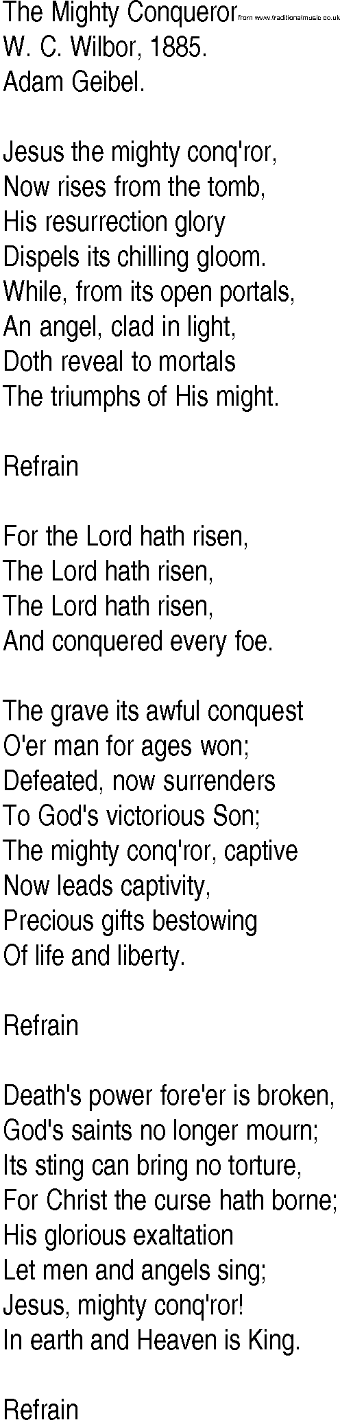 Hymn and Gospel Song: The Mighty Conqueror by W C Wilbor lyrics