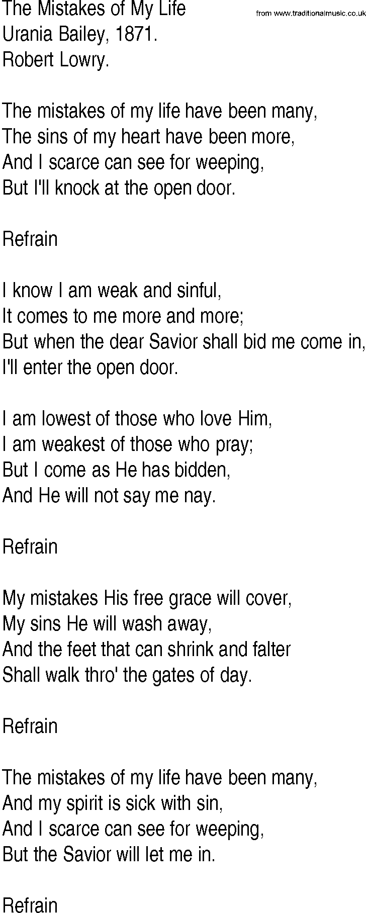 Hymn and Gospel Song: The Mistakes of My Life by Urania Bailey lyrics