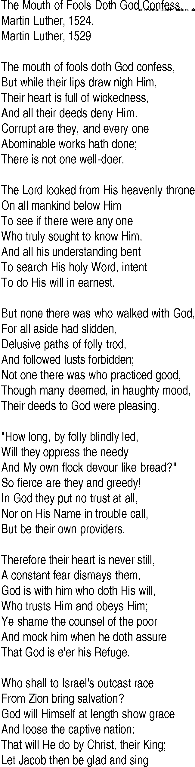 Hymn and Gospel Song: The Mouth of Fools Doth God Confess by Martin Luther lyrics