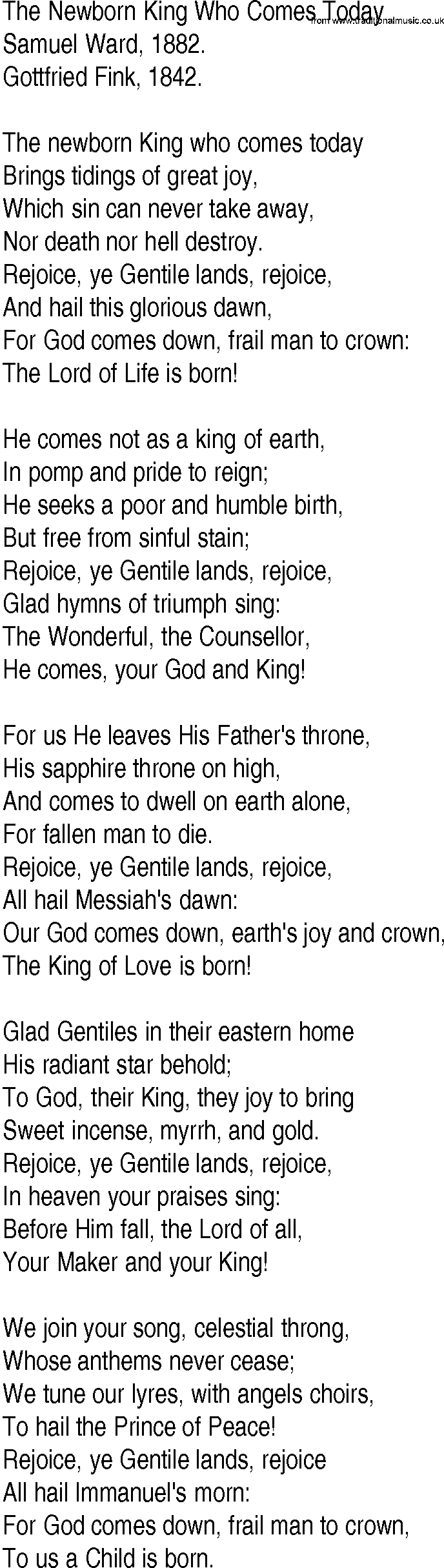 Hymn and Gospel Song: The Newborn King Who Comes Today by Samuel Ward lyrics