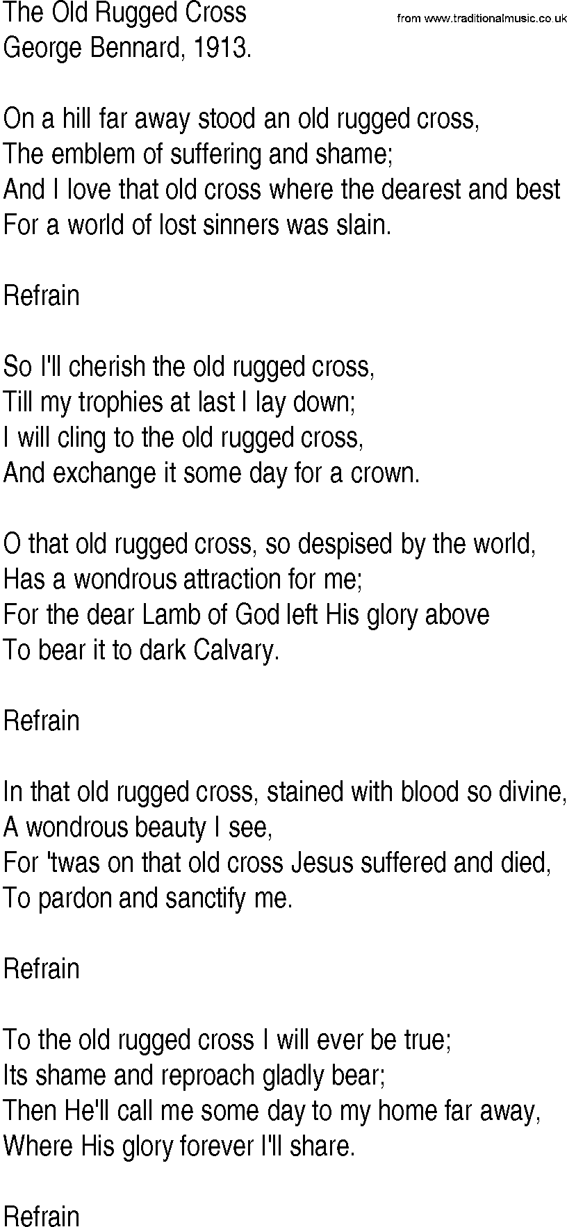 Hymn and Gospel Song Lyrics for The Old Rugged Cross by Bennard