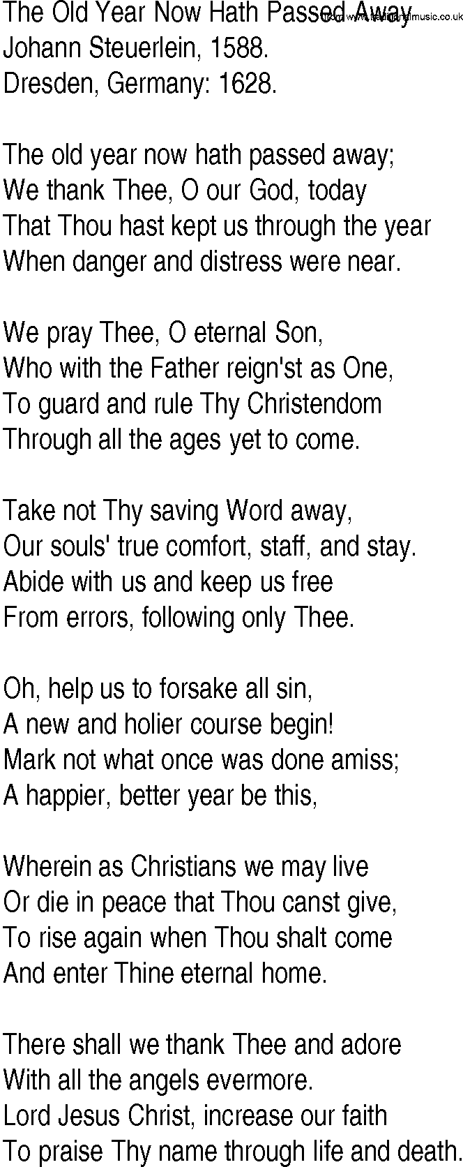 Hymn and Gospel Song: The Old Year Now Hath Passed Away by Johann Steuerlein lyrics