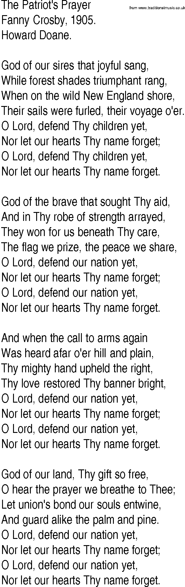 Hymn and Gospel Song: The Patriot's Prayer by Fanny Crosby lyrics