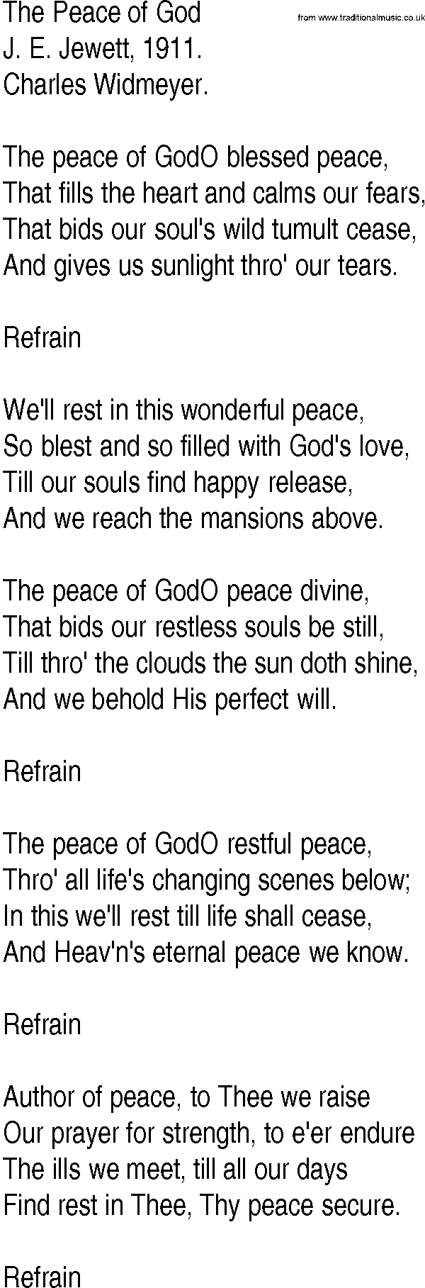 Hymn and Gospel Song: The Peace of God by J E Jewett lyrics