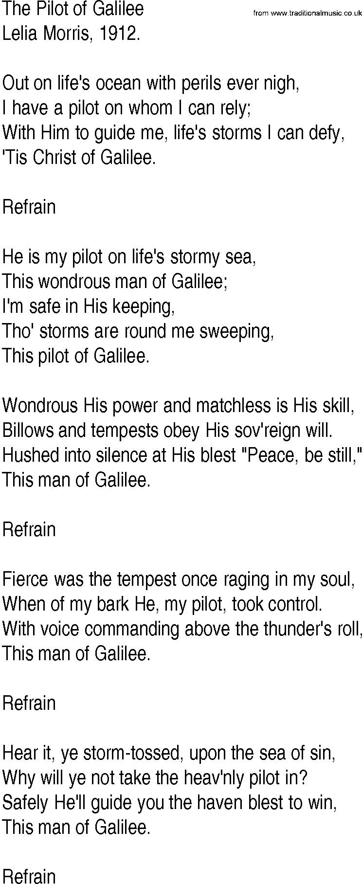 Hymn and Gospel Song: The Pilot of Galilee by Lelia Morris lyrics