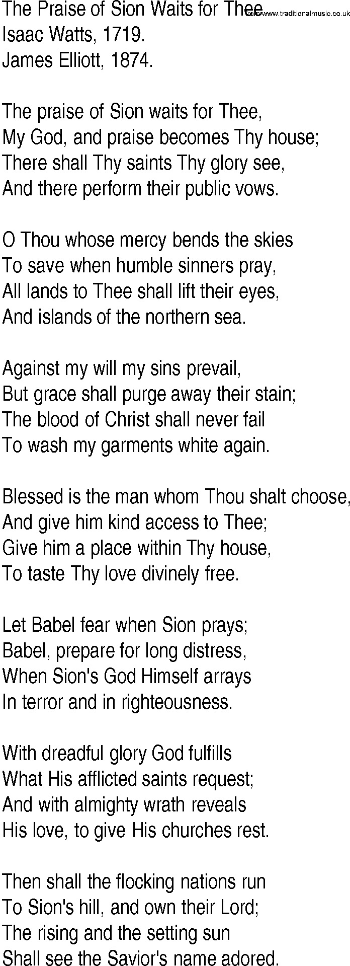 Hymn and Gospel Song: The Praise of Sion Waits for Thee by Isaac Watts lyrics