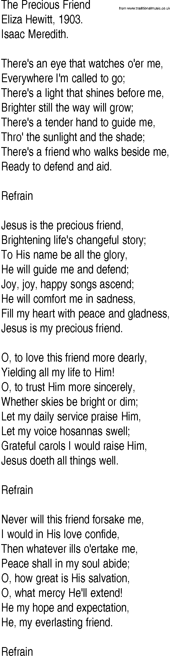 Hymn and Gospel Song: The Precious Friend by Eliza Hewitt lyrics