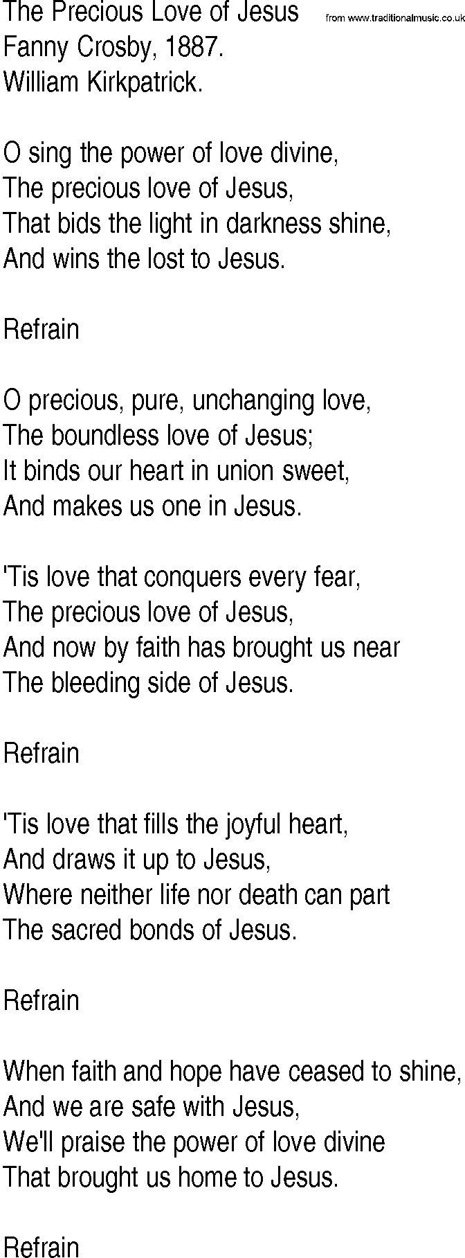 Hymn and Gospel Song: The Precious Love of Jesus by Fanny Crosby lyrics