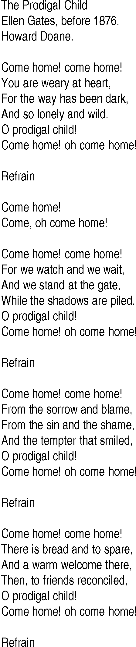 Hymn and Gospel Song: The Prodigal Child by Ellen Gates before lyrics