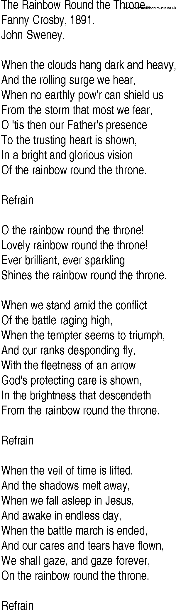 Hymn and Gospel Song: The Rainbow Round the Throne by Fanny Crosby lyrics
