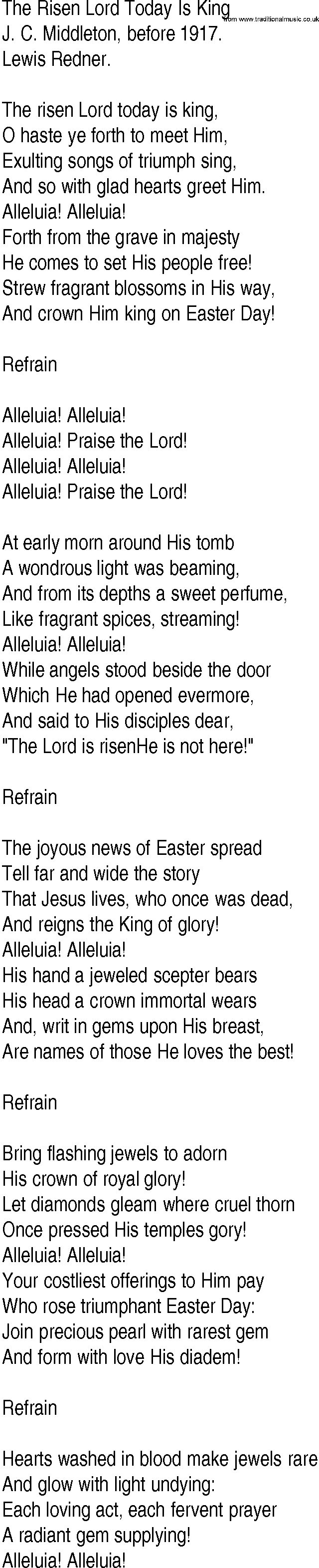 Hymn and Gospel Song: The Risen Lord Today Is King by J C Middleton before lyrics