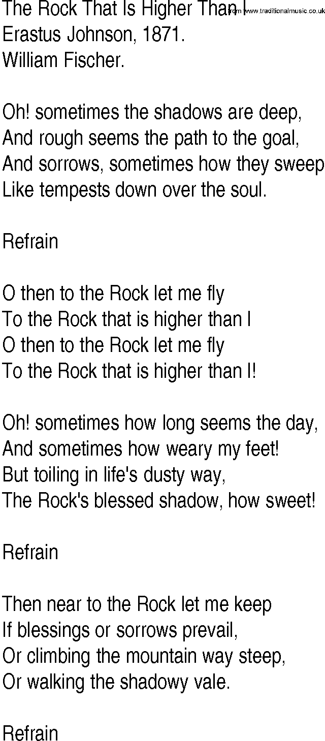 Hymn and Gospel Song: The Rock That Is Higher Than I by Erastus Johnson lyrics