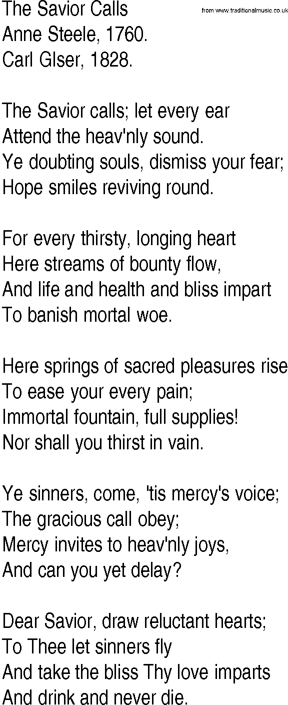 Hymn and Gospel Song: The Savior Calls by Anne Steele lyrics