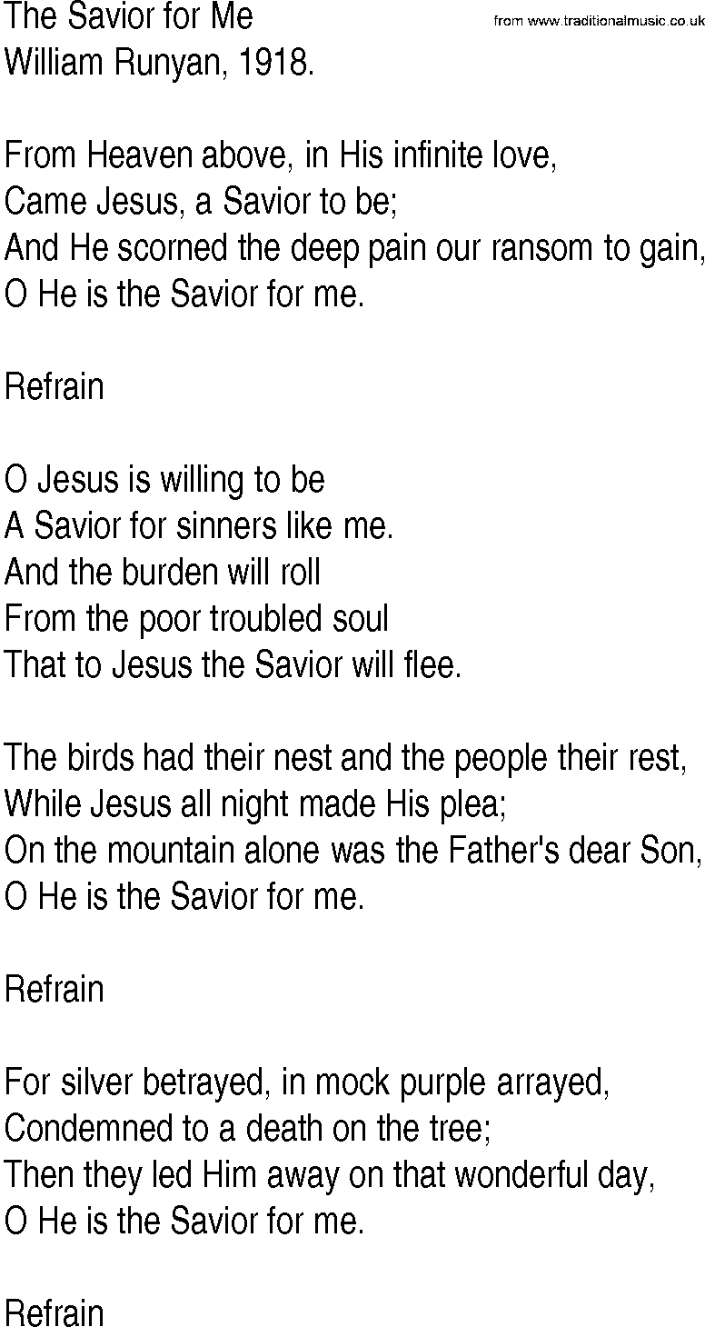 Hymn and Gospel Song: The Savior for Me by William Runyan lyrics