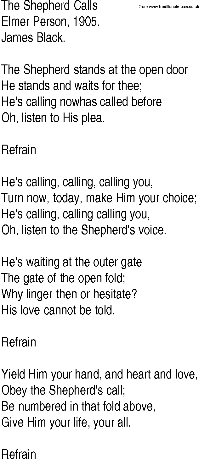 Hymn and Gospel Song: The Shepherd Calls by Elmer Person lyrics