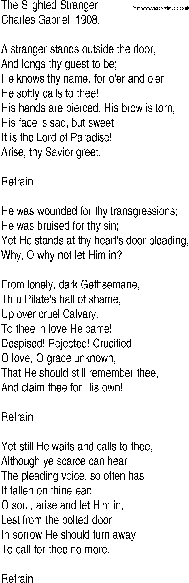 Hymn and Gospel Song: The Slighted Stranger by Charles Gabriel lyrics