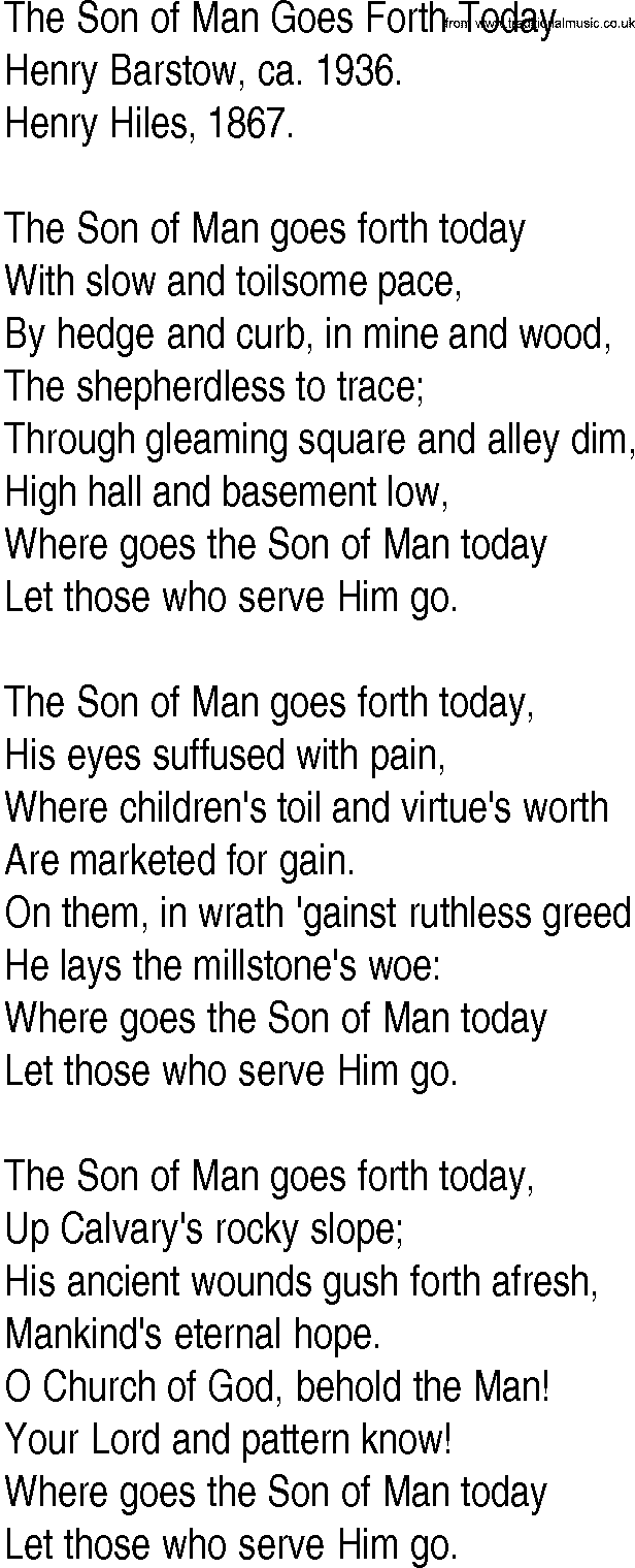 Hymn and Gospel Song: The Son of Man Goes Forth Today by Henry Barstow ca lyrics