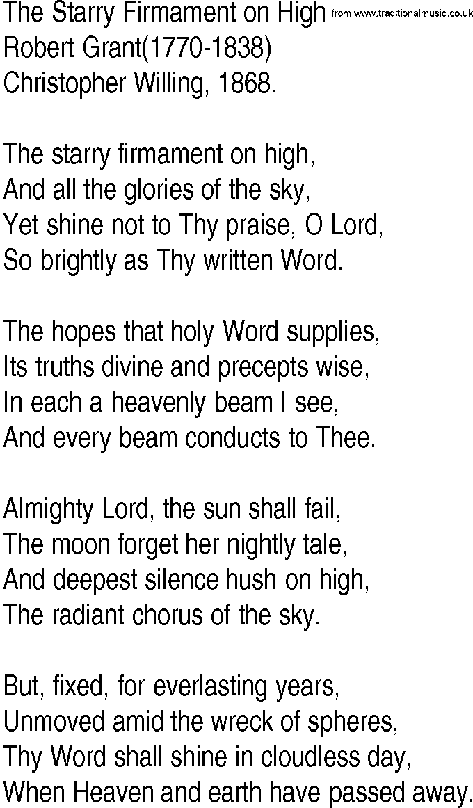 Hymn and Gospel Song: The Starry Firmament on High by Robert Grant lyrics