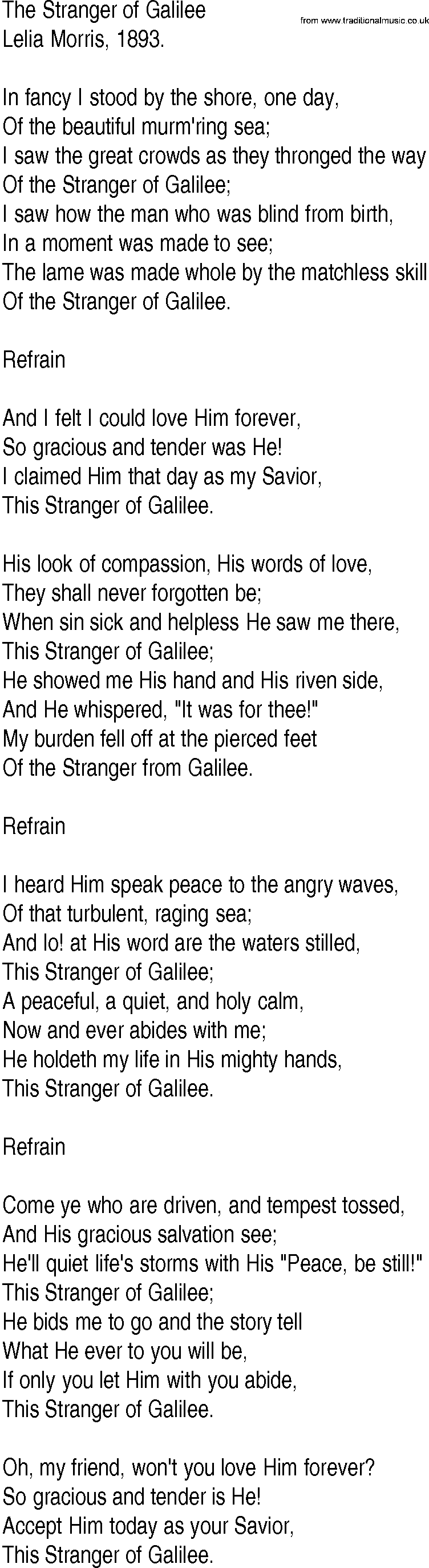 Hymn and Gospel Song: The Stranger of Galilee by Lelia Morris lyrics