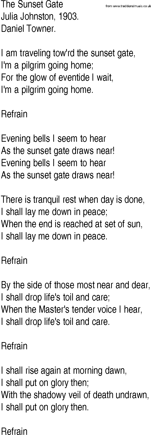 Hymn and Gospel Song: The Sunset Gate by Julia Johnston lyrics
