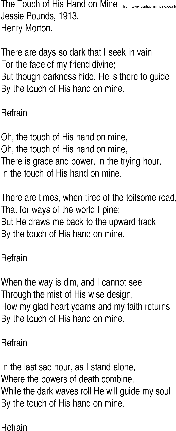 Hymn and Gospel Song: The Touch of His Hand on Mine by Jessie Pounds lyrics