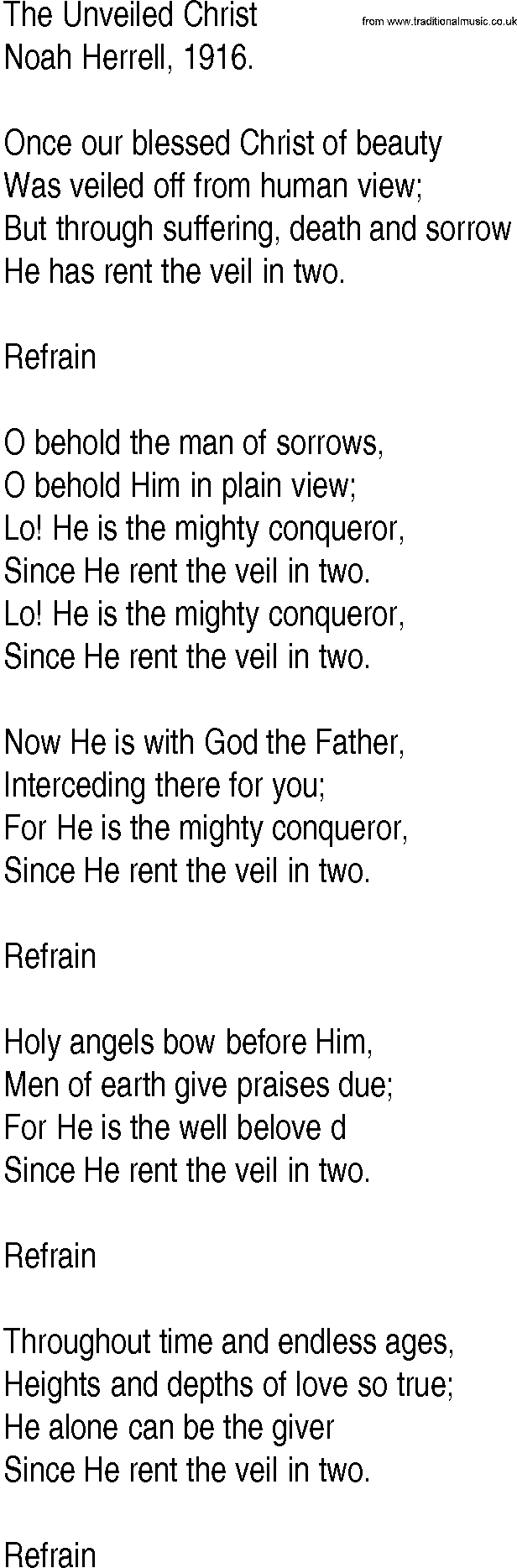 Hymn and Gospel Song: The Unveiled Christ by Noah Herrell lyrics
