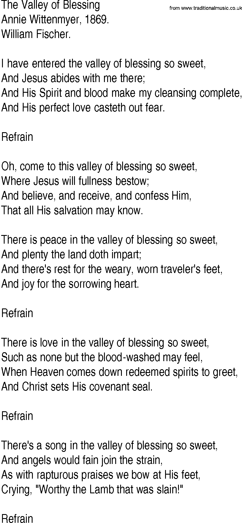 Hymn and Gospel Song: The Valley of Blessing by Annie Wittenmyer lyrics