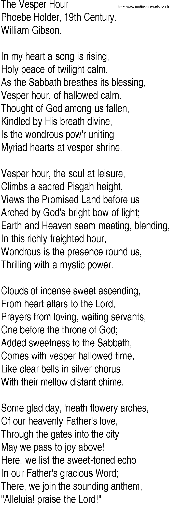 Hymn and Gospel Song: The Vesper Hour by Phoebe Holder th Century lyrics